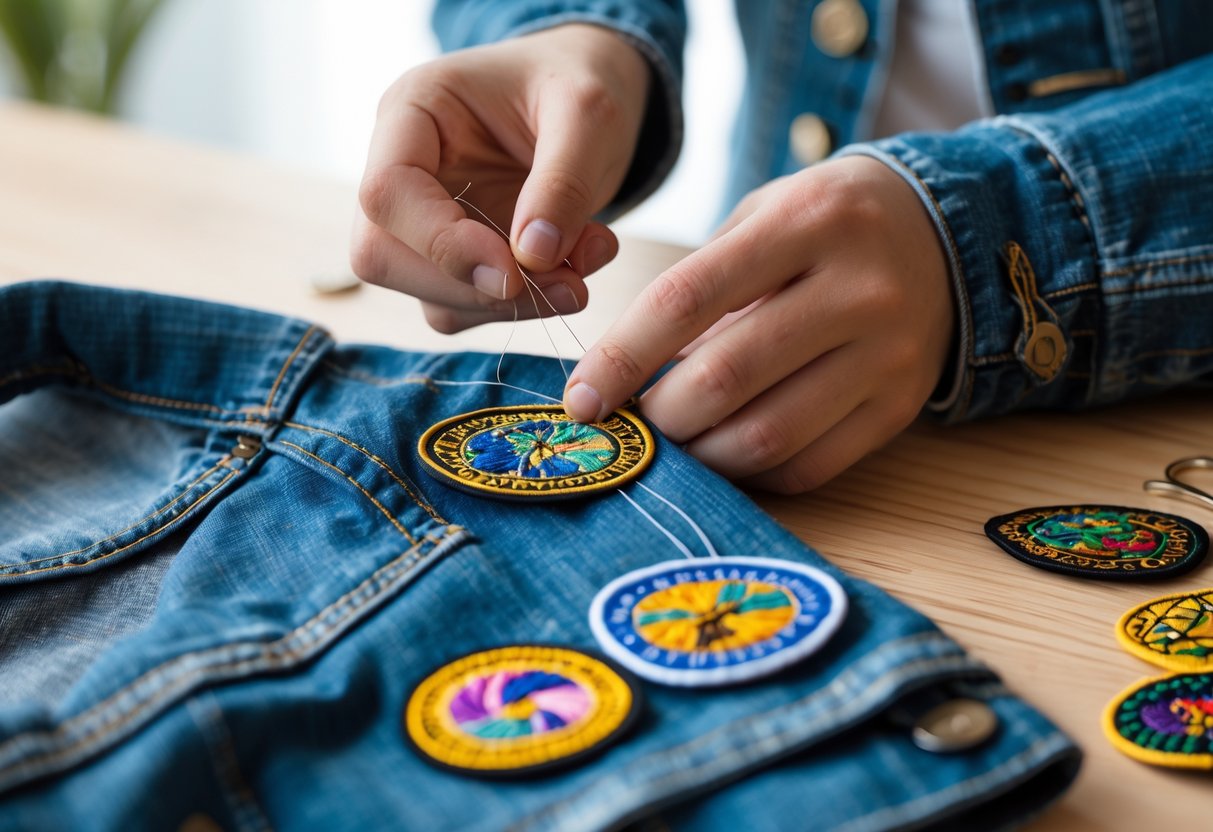 Close-up of hands sewing an embroidered patch onto a denim jacket sleeve with sewing tools nearby.