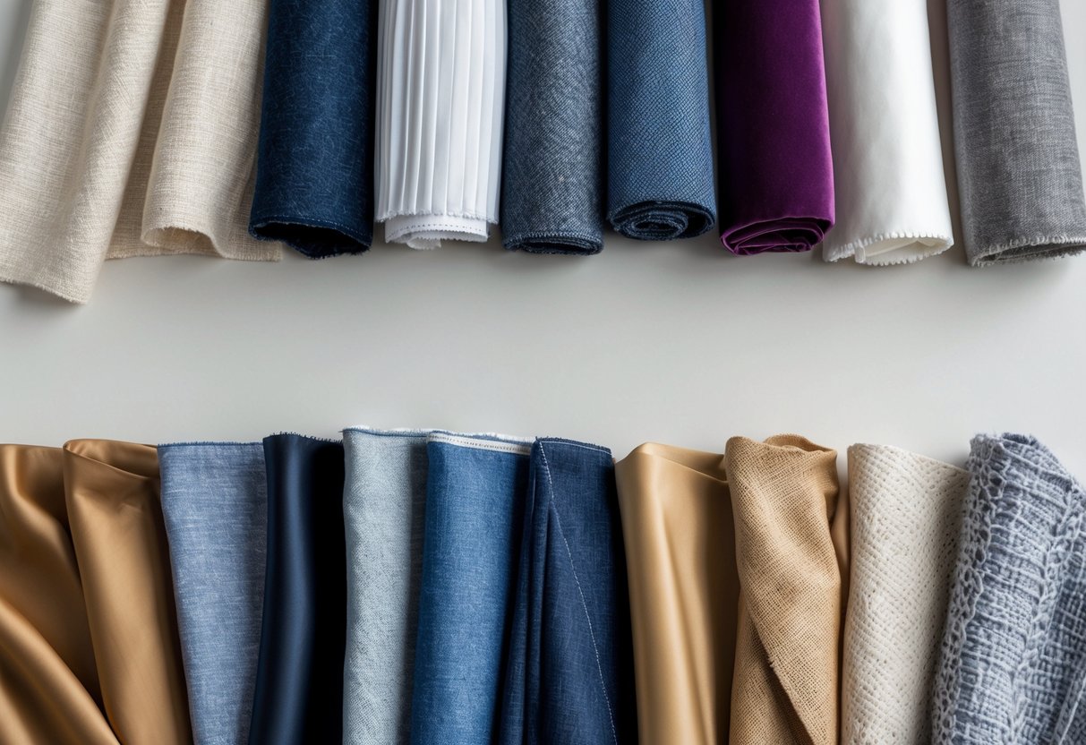 Thirteen different types of fabric samples arranged neatly on a neutral surface, showing various textures and colors.