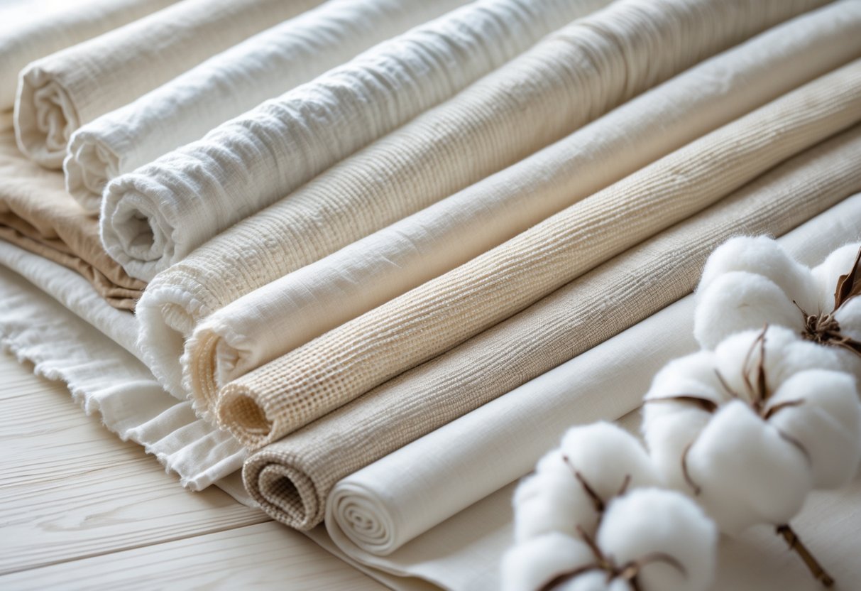 Close-up view of several different cotton fabric samples arranged on a wooden surface, showing various textures and shades.