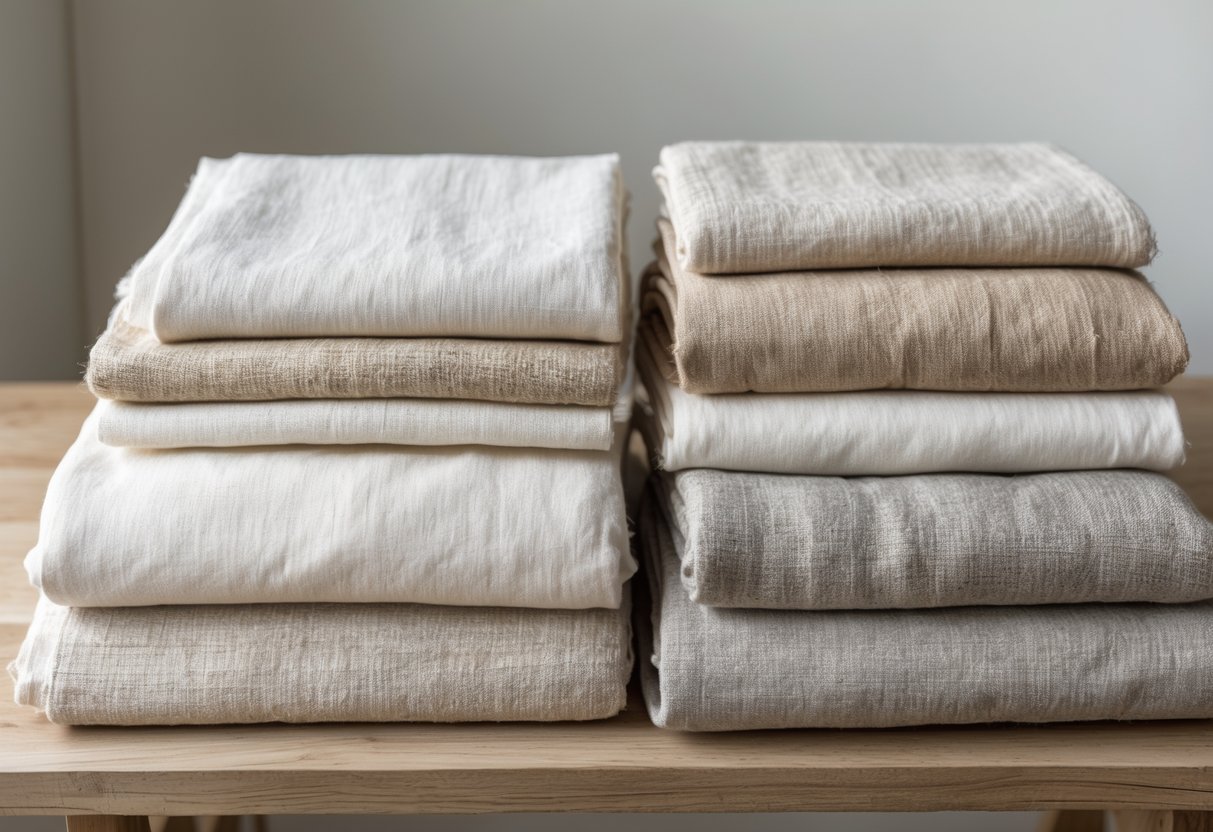 A collection of various linen fabric swatches in natural colors arranged on a wooden surface.