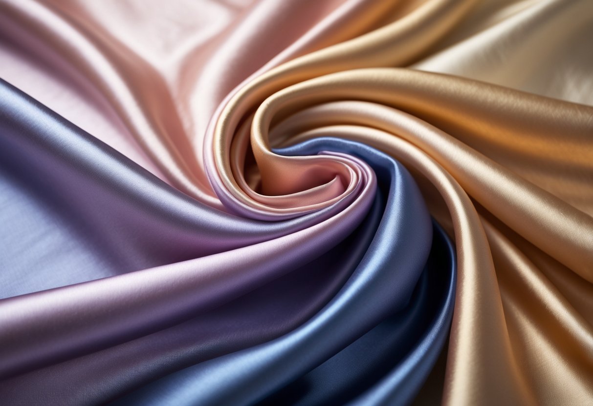 Close-up of smooth, colorful silk fabric with soft folds and gentle light reflections.