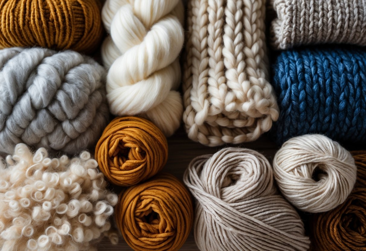 Various types of wool fabrics and yarns arranged on a wooden surface, showing different textures and colors.