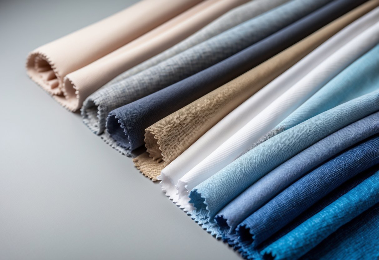 Close-up view of different polyester fabric samples showing various colors and textures arranged on a plain background.