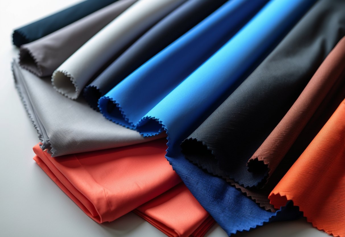 Close-up view of several colorful nylon fabric samples arranged neatly, showing different textures and folds.