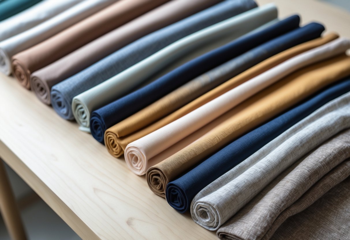 A collection of various rayon fabric samples in different colors and textures arranged on a wooden surface.