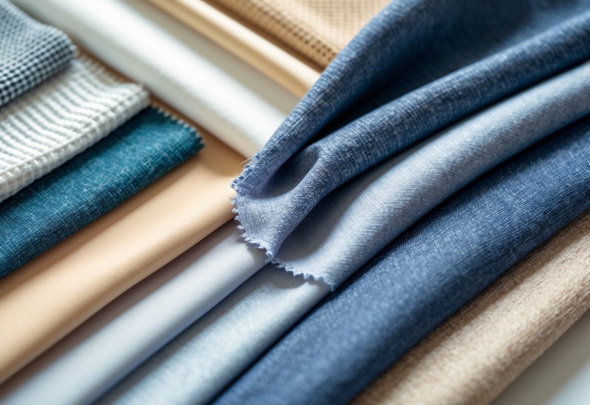 Close-up view of various fabric swatches including acrylic fabric, arranged neatly on a neutral background.