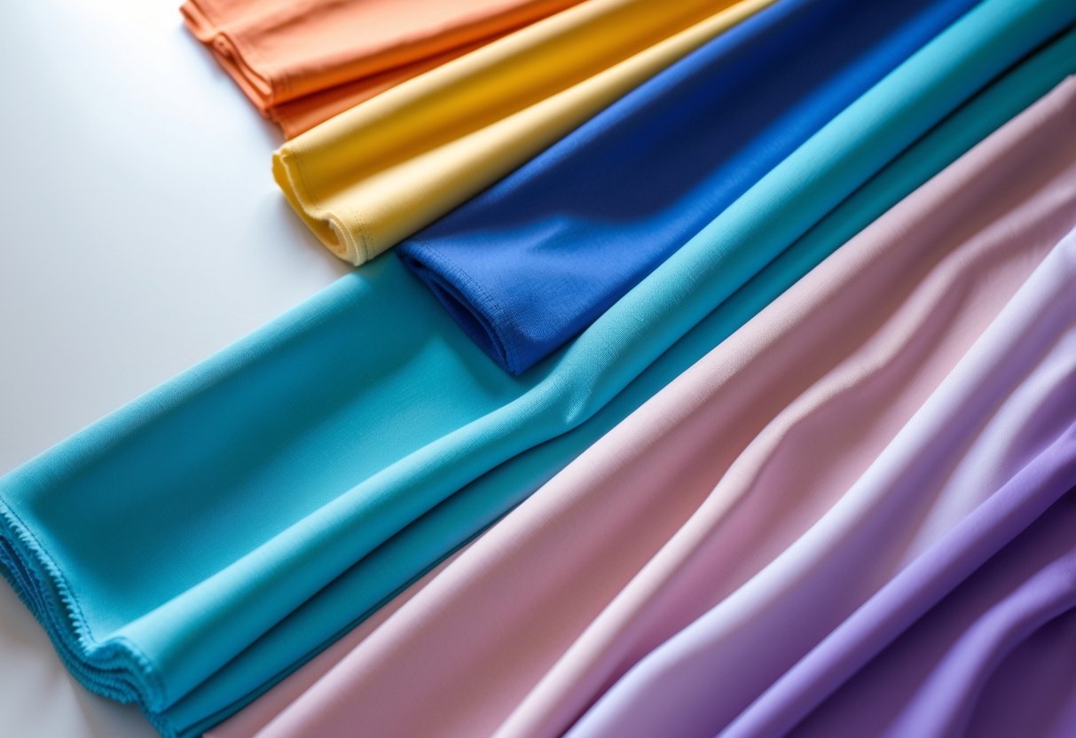 Close-up of several colorful spandex fabric samples arranged on a white surface.