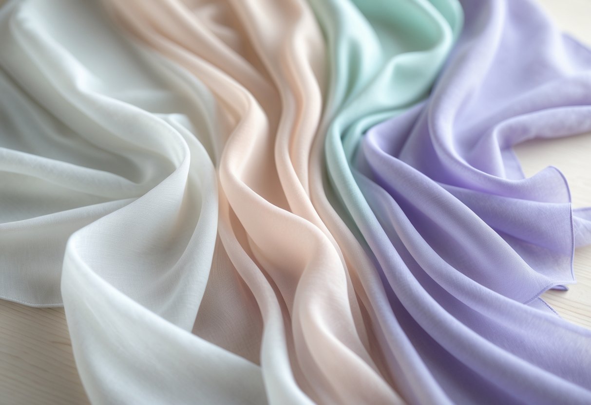 Close-up view of several colorful chiffon fabric samples arranged on a wooden surface, showing their lightweight and sheer texture.