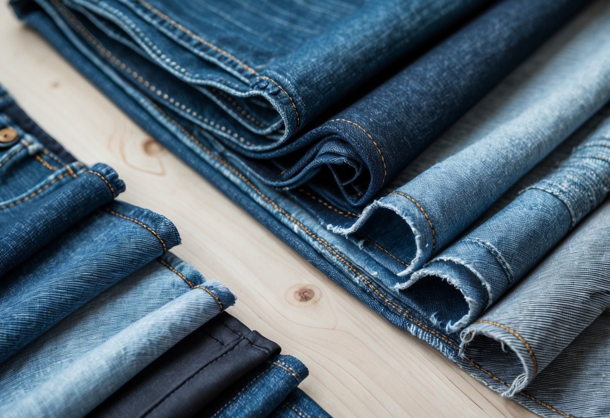 Close-up view of several different denim fabric samples arranged on a wooden surface.