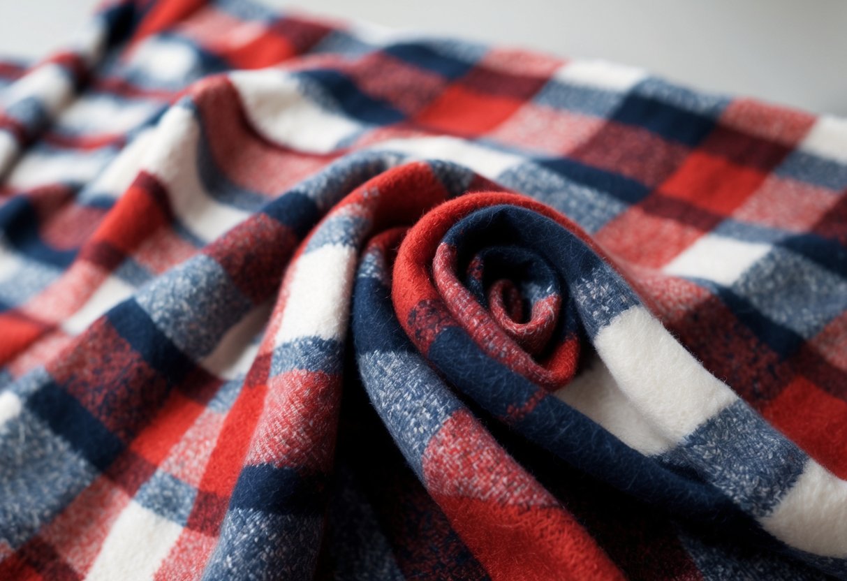 Close-up of folded flannel fabric with a red, blue, and white plaid pattern on a neutral background.