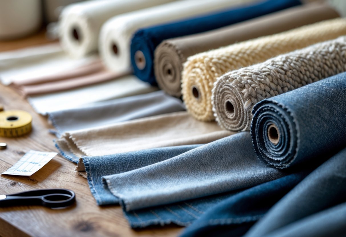 A close-up view of various fabric swatches with different textures and patterns arranged on a wooden table with sewing tools nearby.