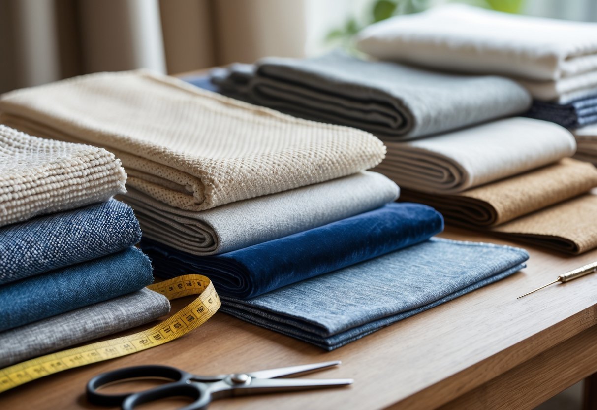Various fabric swatches with different textures and colors arranged on a wooden table alongside sewing tools.