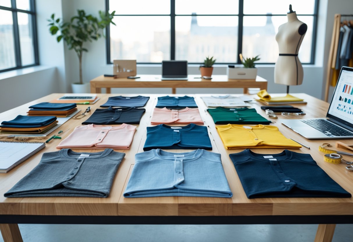 A workspace with thirteen different garment samples arranged on a table, surrounded by sewing tools and a mannequin in a design studio.