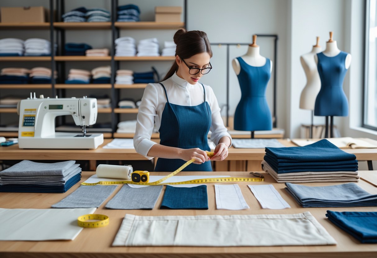 A designer examining garment samples on a table surrounded by sewing tools, fabrics, and mannequins in a workspace.