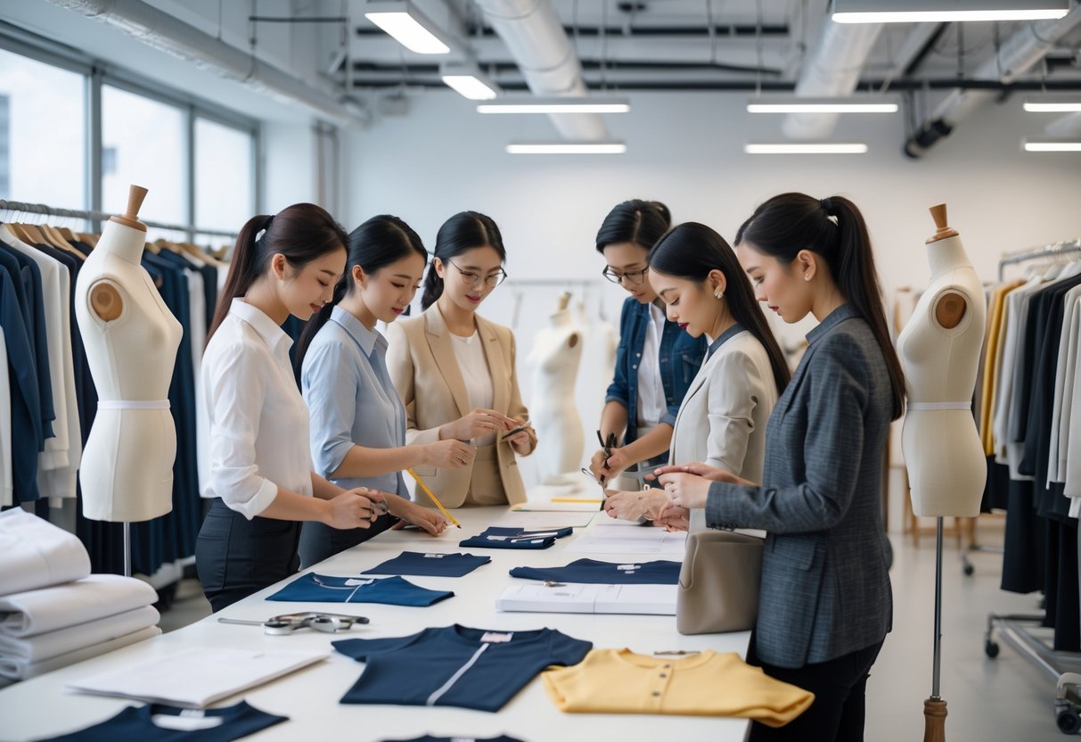 A group of fashion designers and technicians examining garment samples in a clothing production studio.
