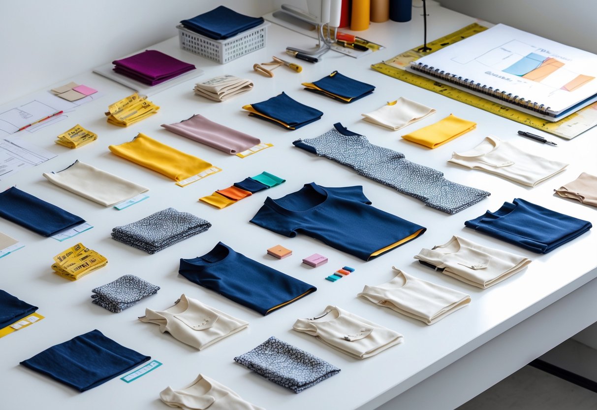 A workspace with various garment samples, fabric swatches, measuring tapes, and sewing tools arranged neatly.