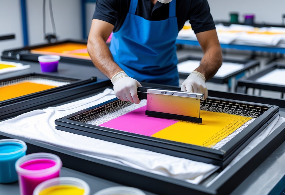 A technician spreading ink through a mesh screen onto a white t-shirt in a screen printing workshop.