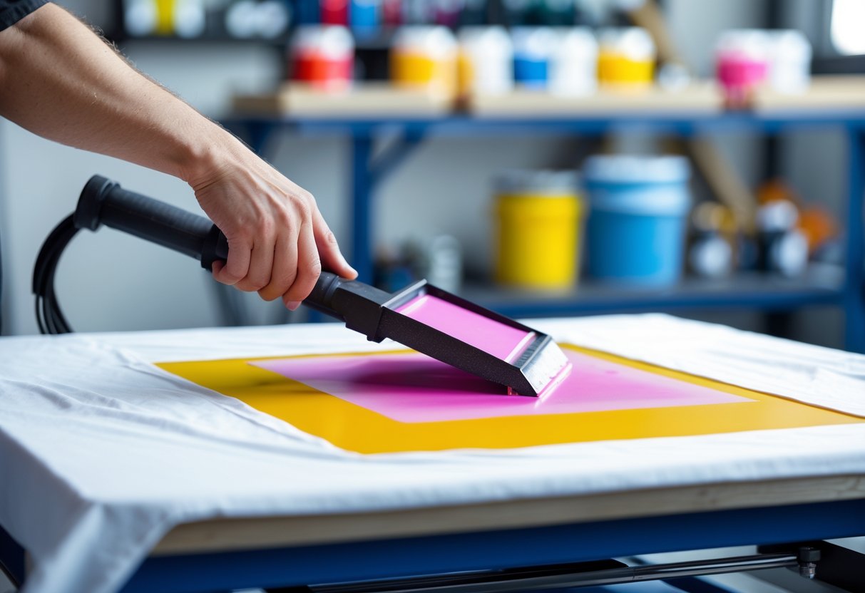 Close-up of hands performing screen printing on a white t-shirt with colorful ink in a bright workshop.