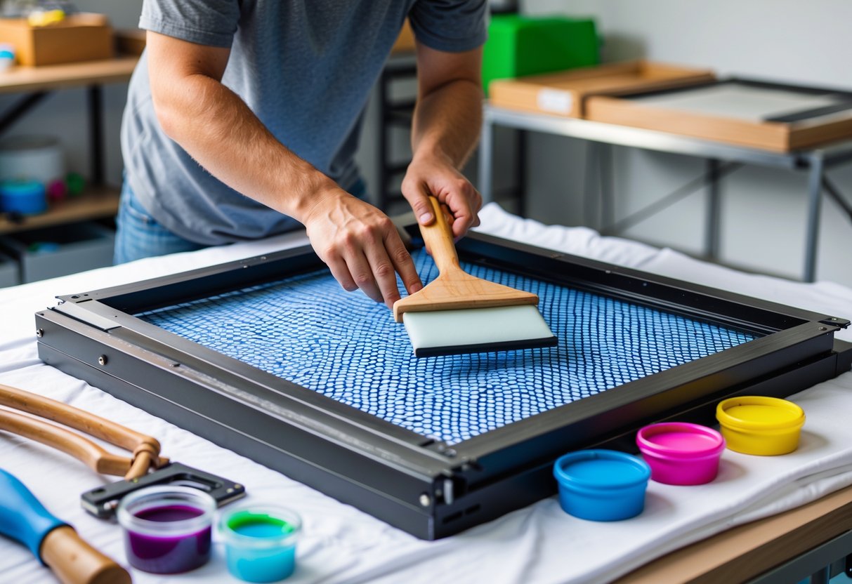 Close-up of screen printing tools including a mesh screen frame, squeegees, colorful ink containers, and a blank fabric ready for printing on a clean workspace.