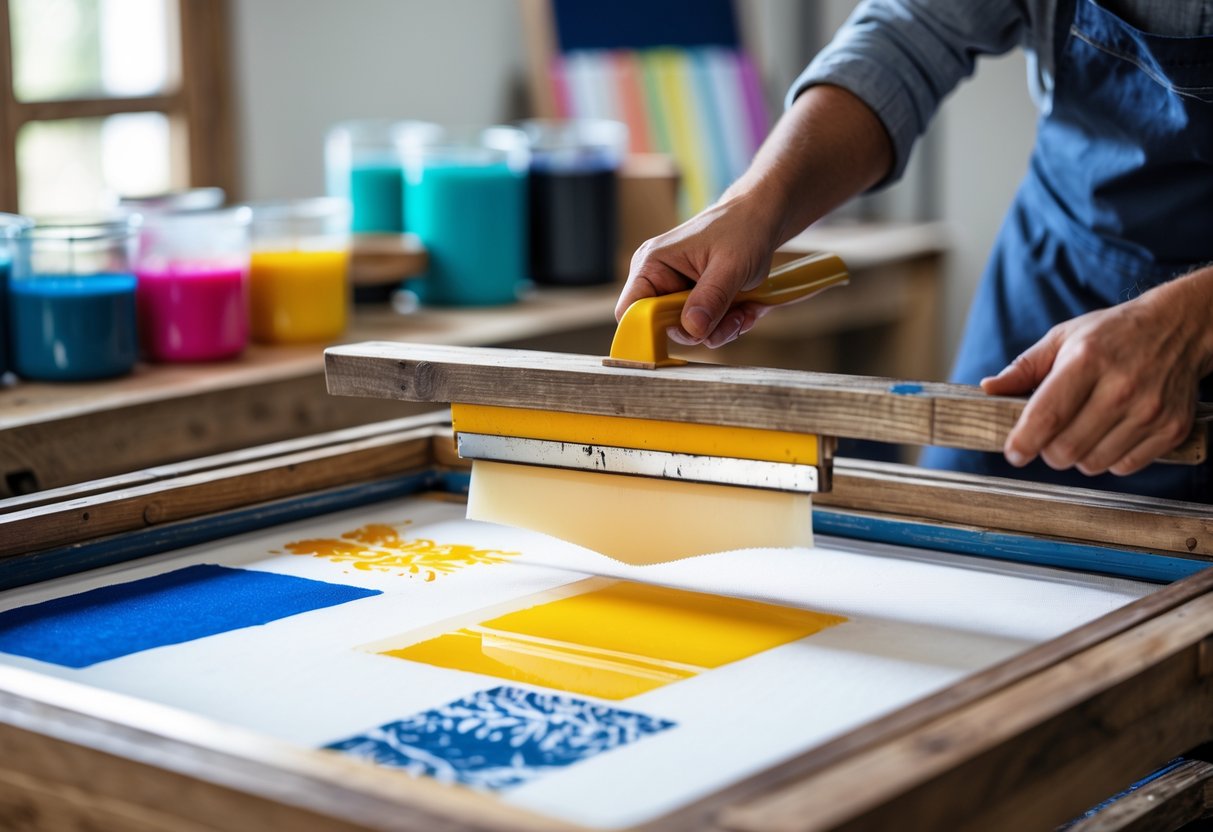 Close-up of hands performing screen printing on fabric using a squeegee and wooden screen frame in a bright studio.