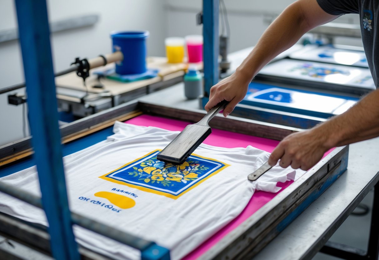 A person using a squeegee to print a design onto a white t-shirt with a screen printing frame in a workshop.