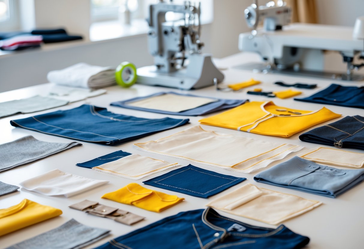 A workspace displaying various garment samples and fabric swatches with sewing tools in the background.