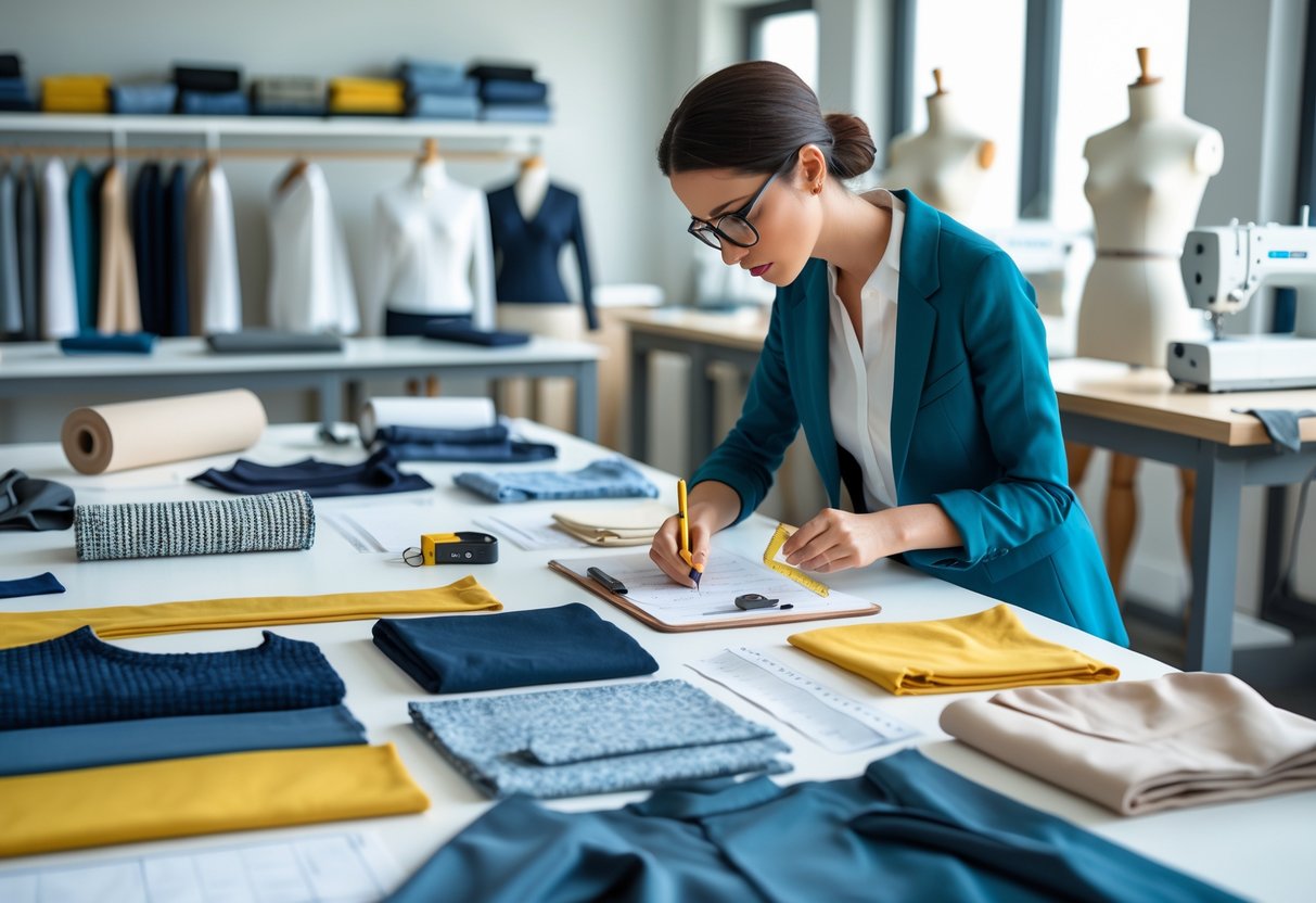 A fashion designer examining garment samples on a table in a workspace with sewing machines and fabric rolls in the background.