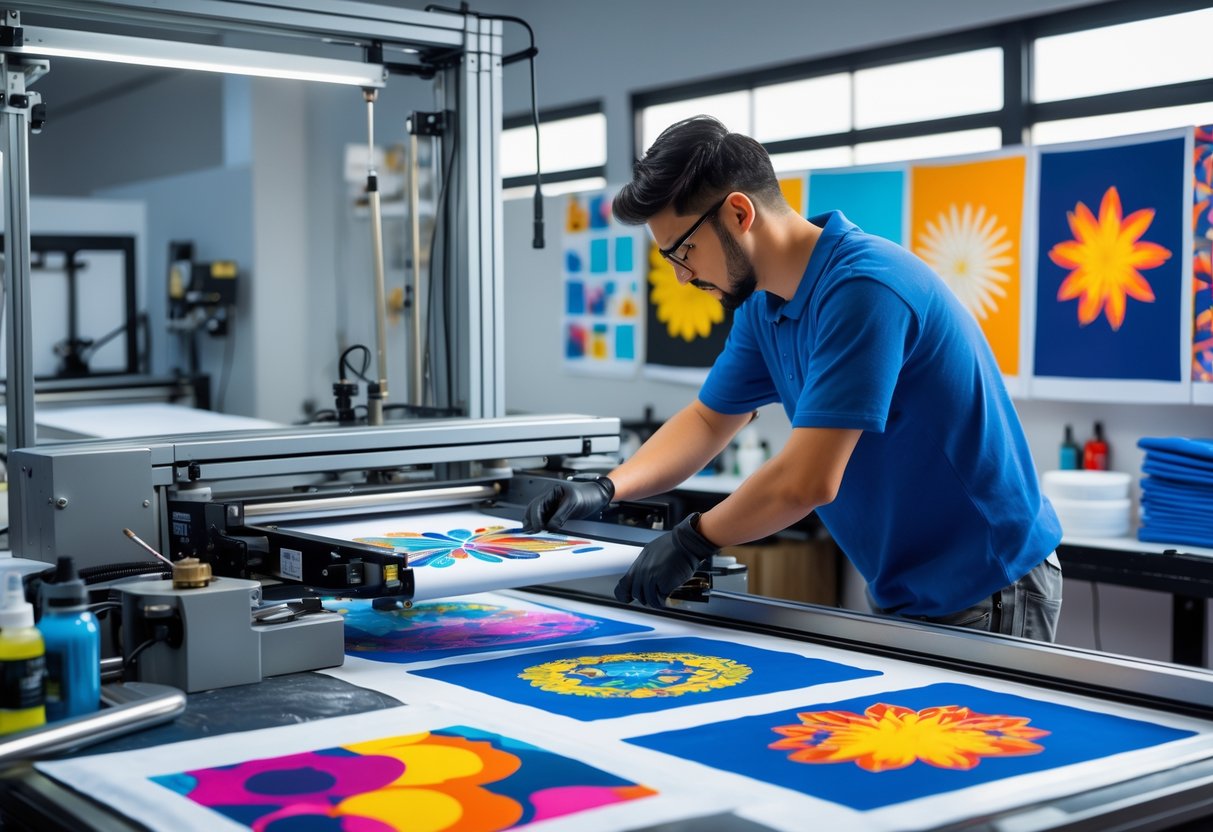 A technician operating a screen printing machine, printing colorful designs onto fabric in a bright printing workshop.