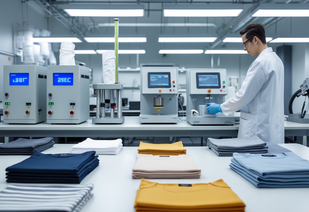 A technician in a lab coat testing various garment samples in a clean laboratory with fabric swatches and specialized equipment.