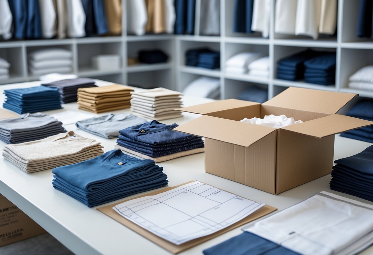 A workspace with various garment samples and a shipping box ready for dispatch in an apparel production setting.