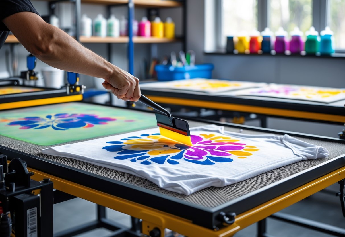 Close-up of a person screen printing a colorful design onto a white T-shirt in a workshop with printing tools and ink bottles nearby.