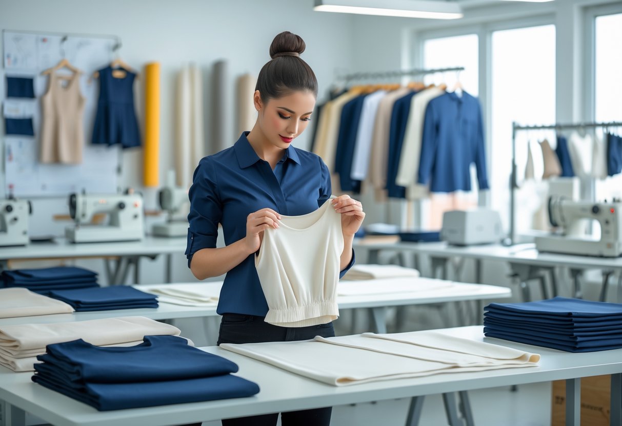 A person inspecting a garment sample in a clean apparel production workspace with sewing machines and fabric samples around.
