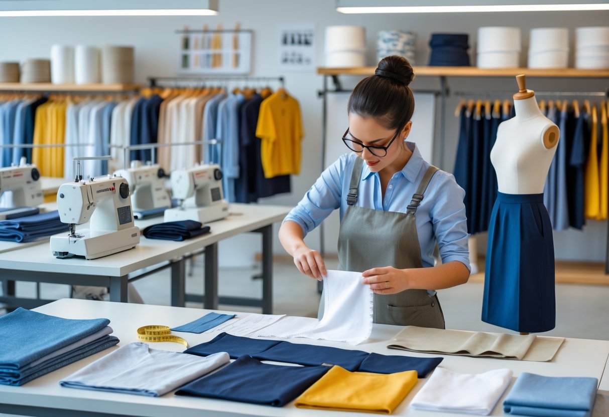 A person examining garment samples at a workspace filled with fabric swatches, sewing tools, mannequins, and clothing prototypes.