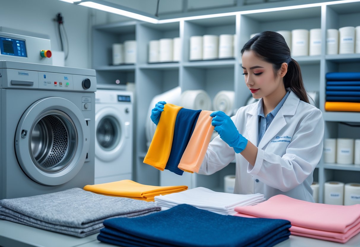 A technician in a lab coat inspects fabric samples near a washing machine in a textile testing room.