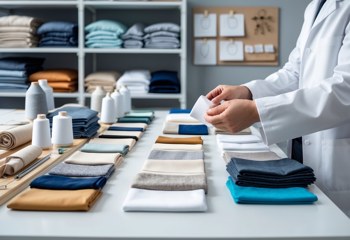 Hands inspecting various garment samples and fabric swatches on a table in a clothing production workspace.