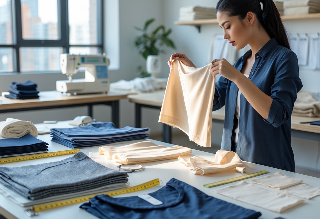 A person examining fabric samples on a table with sewing tools and sample garments in an apparel production workspace.