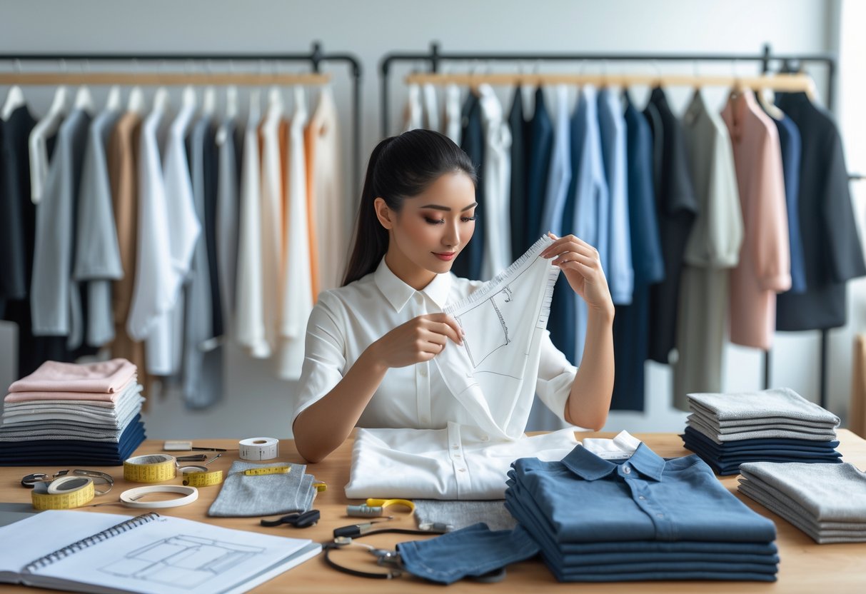 A person inspecting various garment samples and fabric swatches on a table in an apparel production workspace.