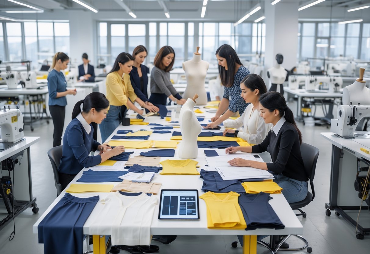 A group of fashion designers and technicians working together on different garment samples in a bright apparel production workspace.