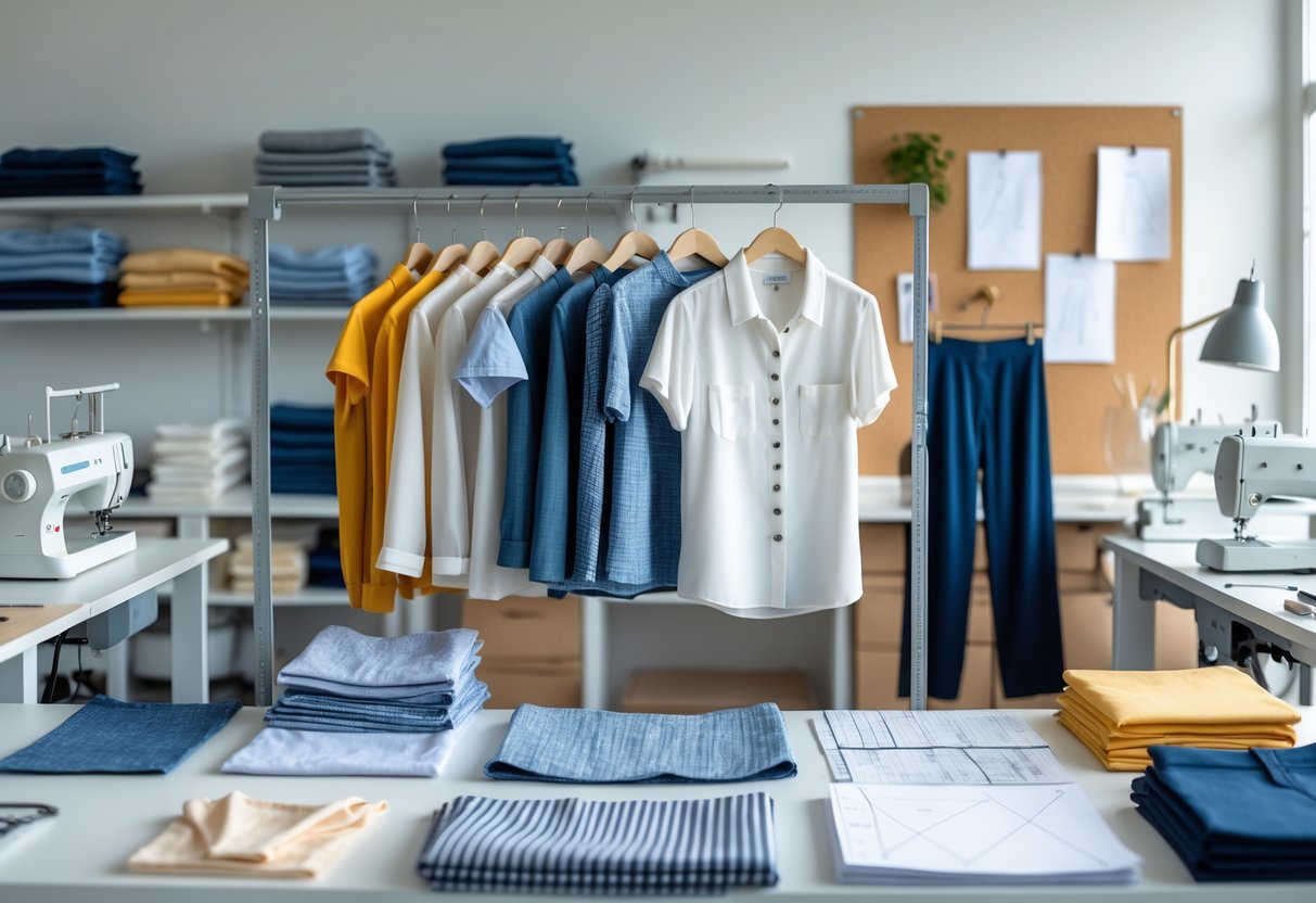 Apparel production workspace with various garment samples, sewing tools, and fabric swatches neatly arranged.